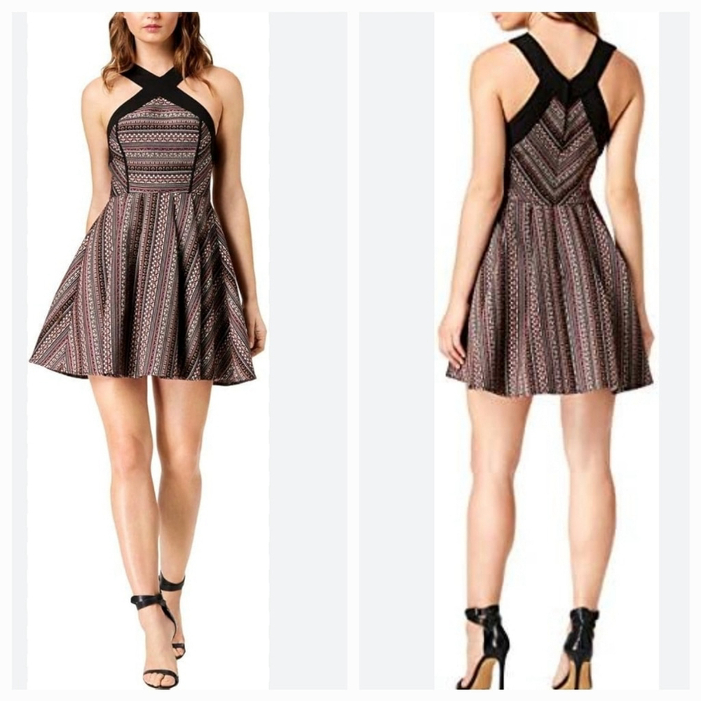 NWT BCBGeneration Cross Front Aztec Multicolor Geometric Print Fit & Flare Dress